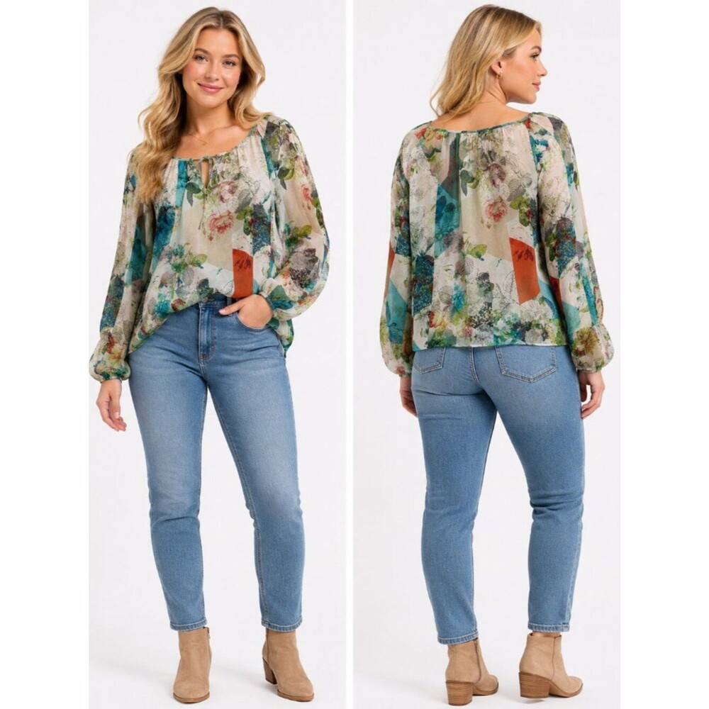Leifsdottir 100% Silk Floral Patchwork Peasant Blouse Women's Multicolor Size 2
